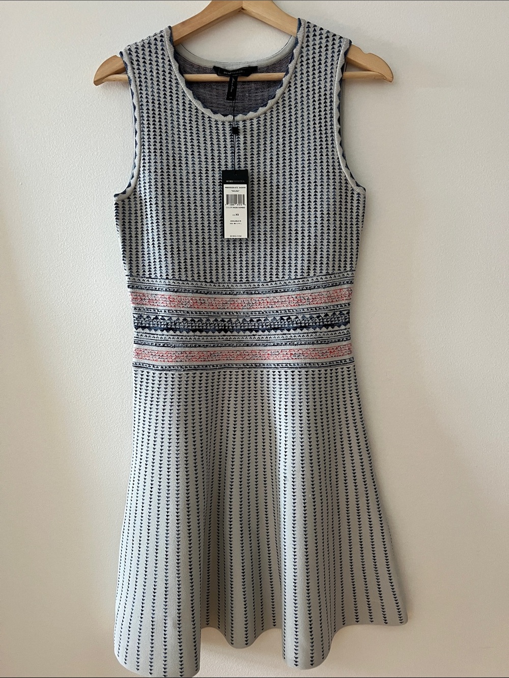 BCBGMaxAzria Navy and White Patterned Midi Dress with Pink Accents
